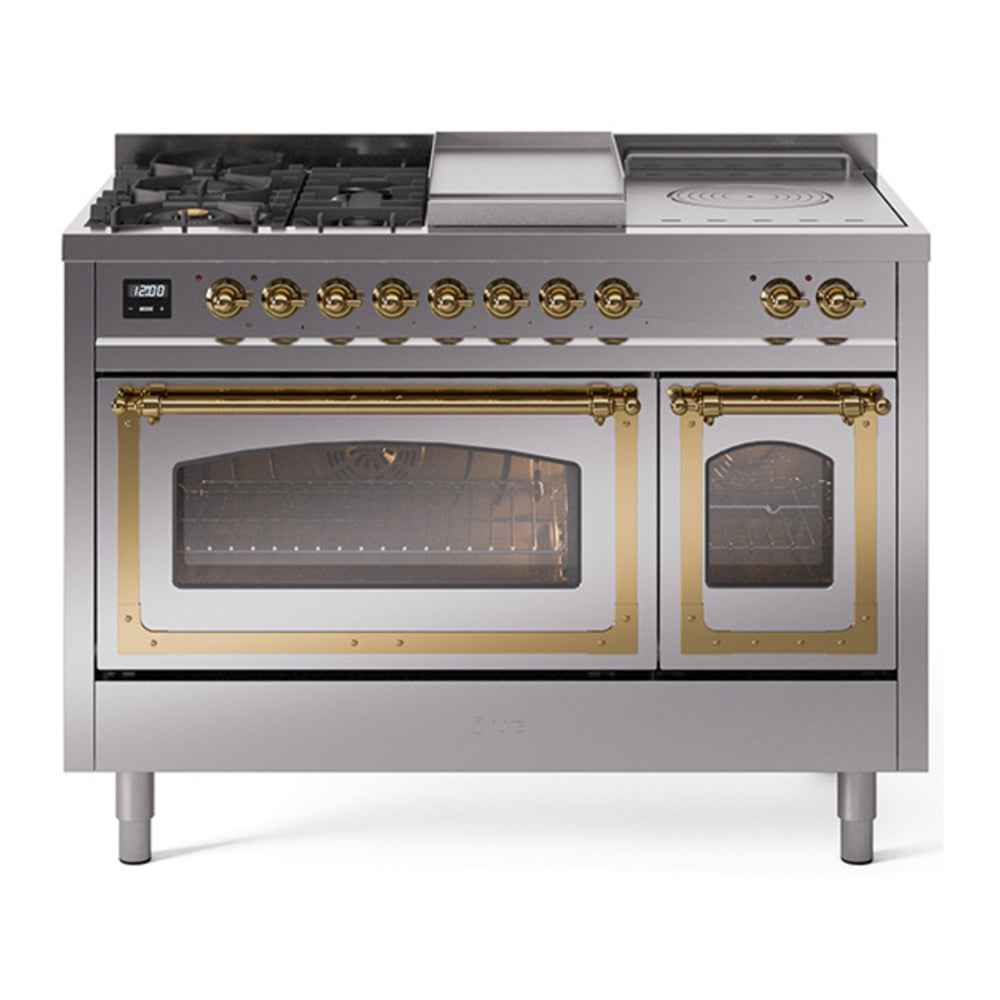 ILVE Nostalgie II Noblesse 48" Stainless Steel Dual Fuel Range with 5 Burners, Griddle and French Top Triple Glass Door Natural Gas