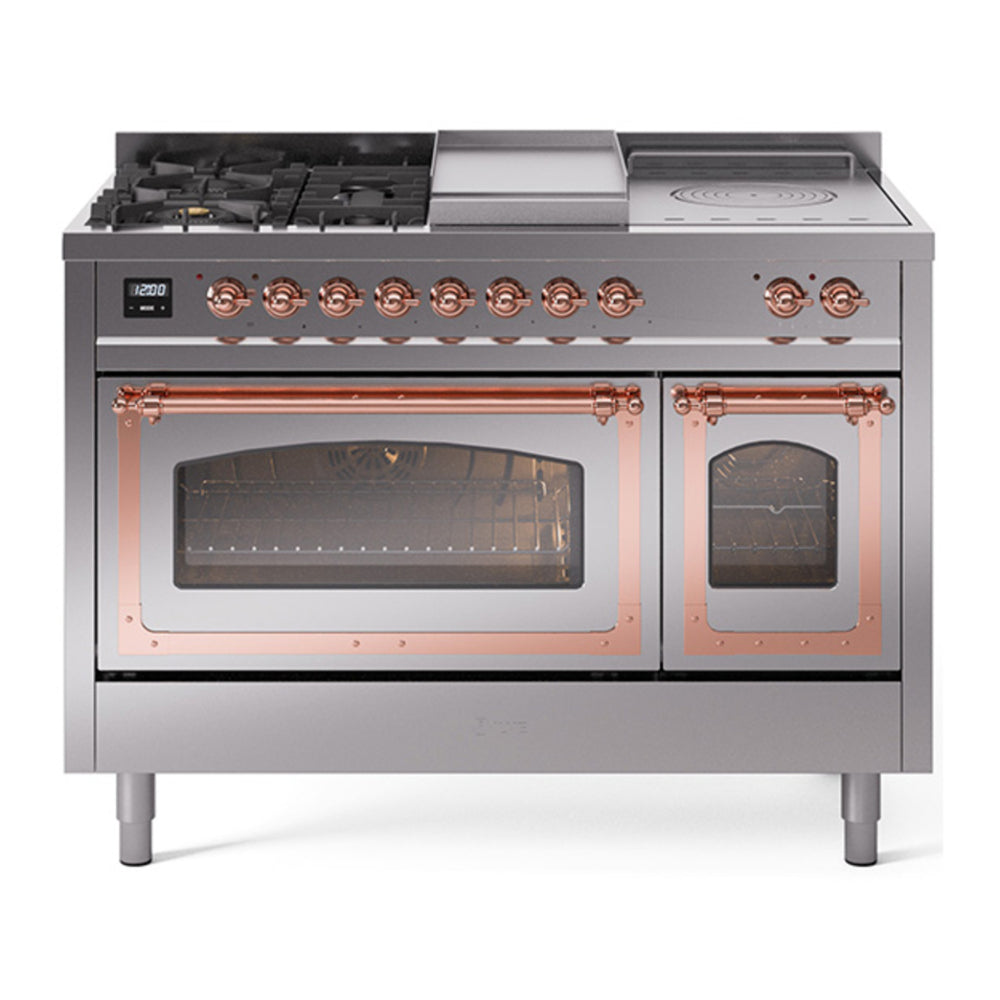 ILVE Nostalgie II Noblesse 48" Stainless Steel Dual Fuel Range with 5 Burners, Griddle and French Top Triple Glass Door Natural Gas