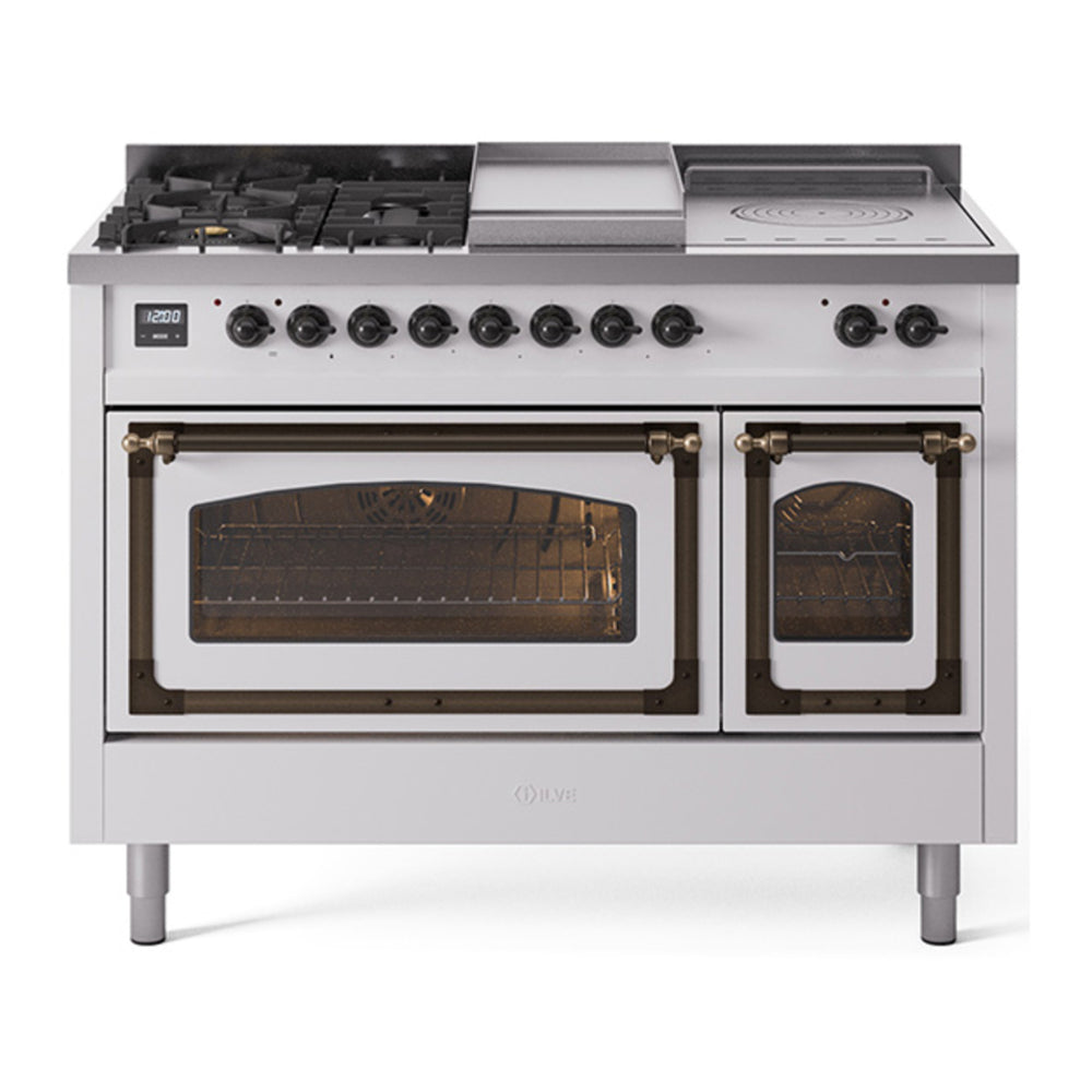 ILVE Nostalgie II Noblesse 48" White Dual Fuel Range with 5 Burners, Griddle and French Top Triple Glass Door Natural Gas