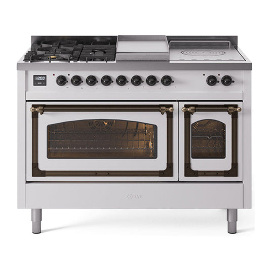 ILVE Nostalgie II Noblesse 48" White Dual Fuel Range with 5 Burners, Griddle and French Top Triple Glass Door Natural Gas