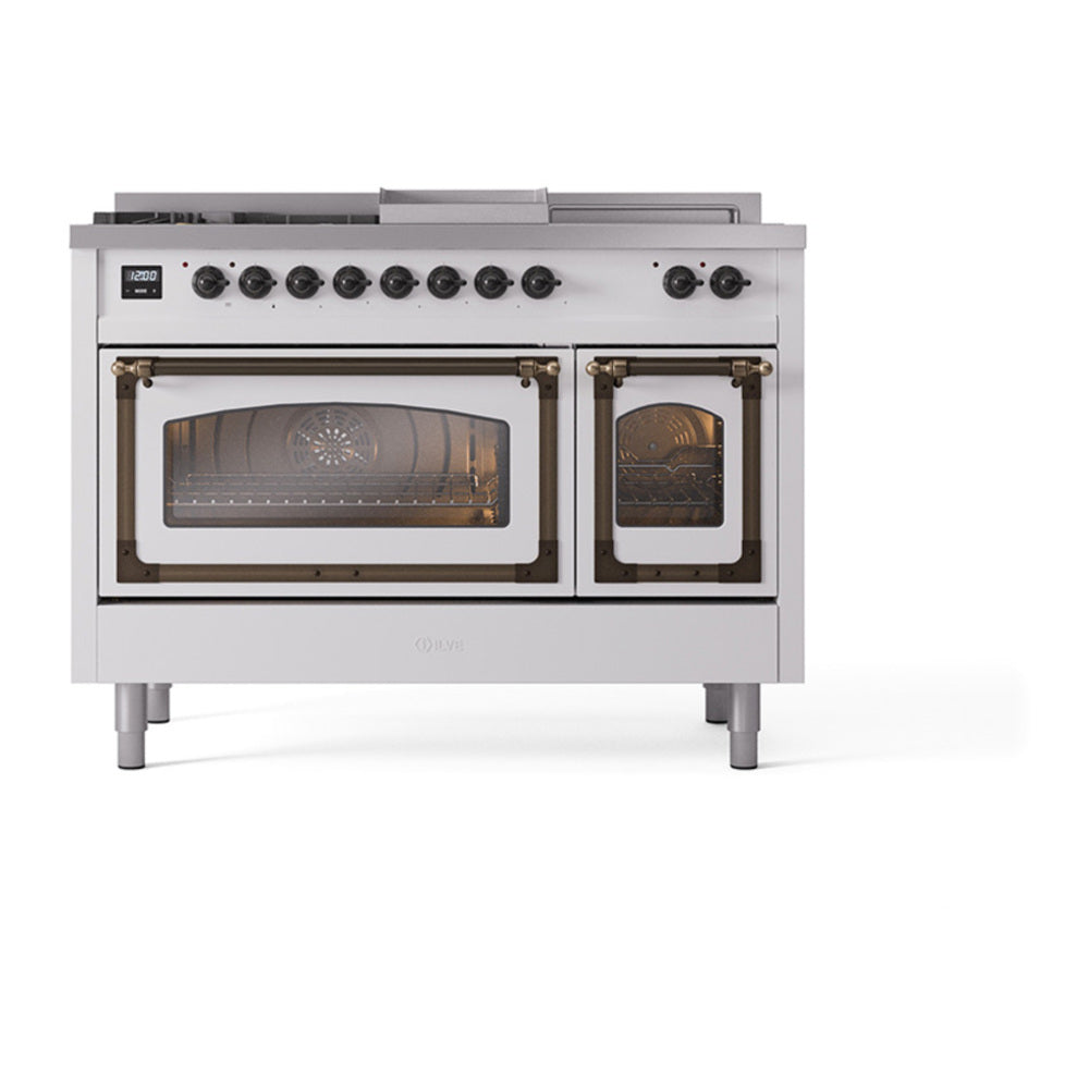 ILVE Nostalgie II Noblesse 48" White Dual Fuel Range with 5 Burners, Griddle and French Top Triple Glass Door Natural Gas
