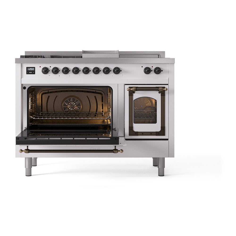 ILVE Nostalgie II Noblesse 48" White Dual Fuel Range with 5 Burners, Griddle and French Top Triple Glass Door Natural Gas