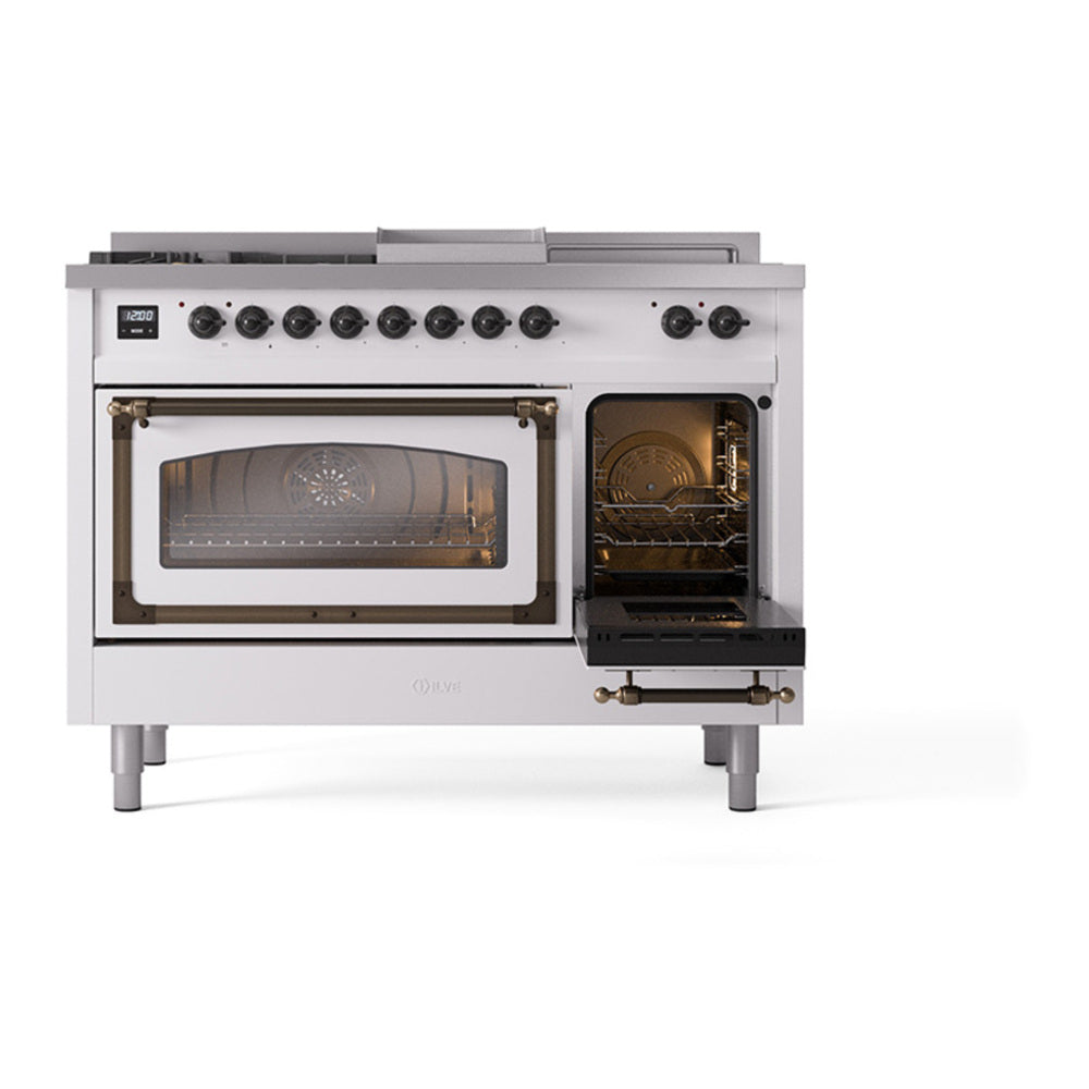 ILVE Nostalgie II Noblesse 48" White Dual Fuel Range with 5 Burners, Griddle and French Top Triple Glass Door Natural Gas