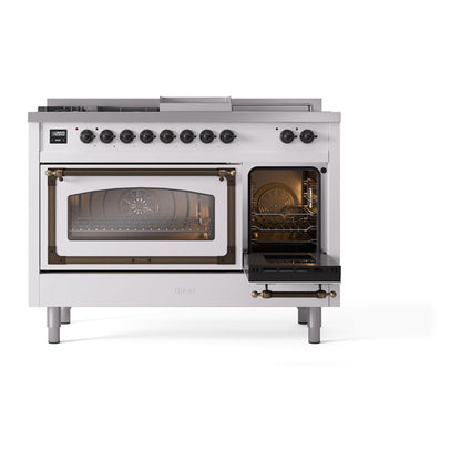 ILVE Nostalgie II Noblesse 48" White Dual Fuel Range with 5 Burners, Griddle and French Top Triple Glass Door Natural Gas