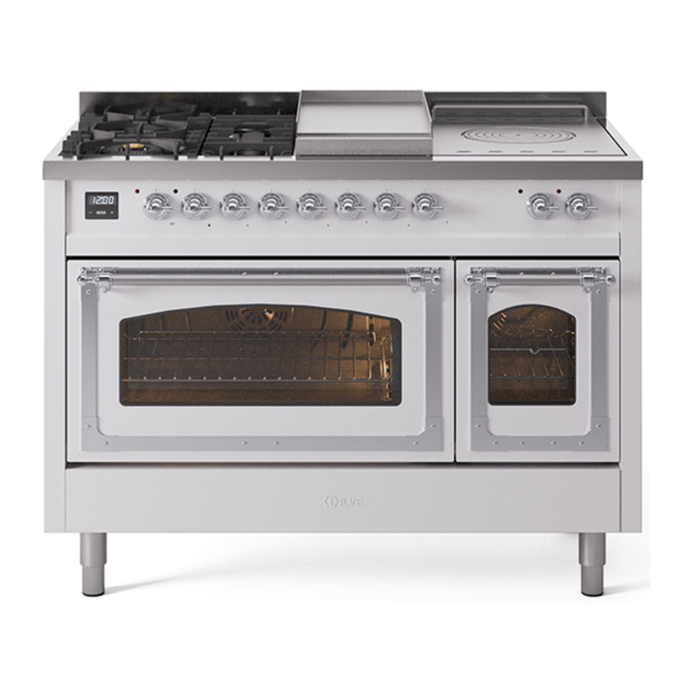 ILVE Nostalgie II Noblesse 48" White Dual Fuel Range with 5 Burners, Griddle and French Top Triple Glass Door Natural Gas