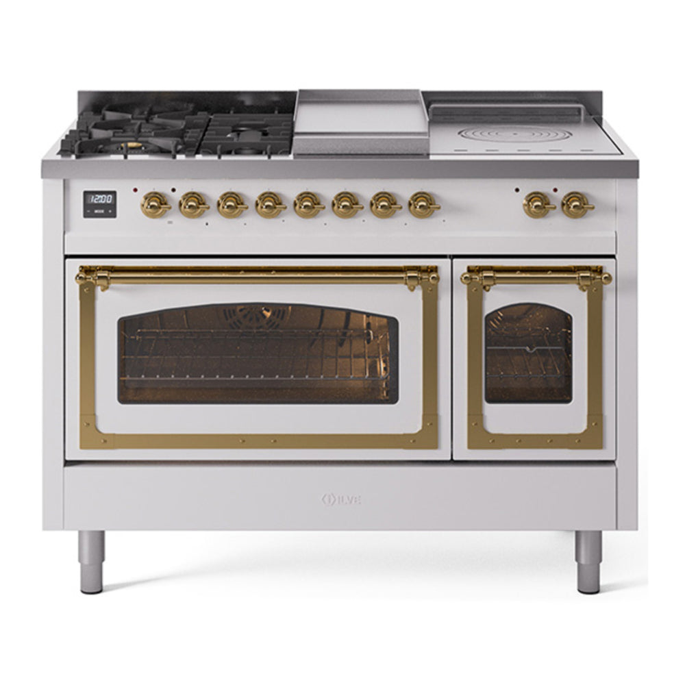 ILVE Nostalgie II Noblesse 48" White Dual Fuel Range with 5 Burners, Griddle and French Top Triple Glass Door Natural Gas