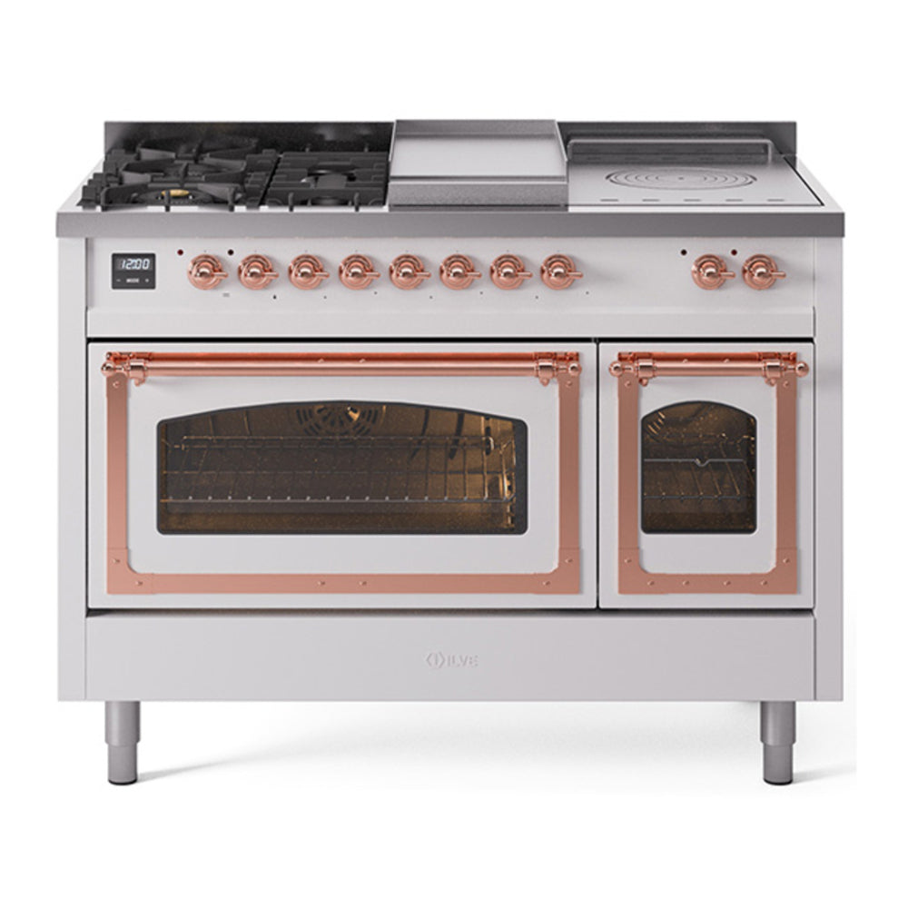 ILVE Nostalgie II Noblesse 48" White Dual Fuel Range with 5 Burners, Griddle and French Top Triple Glass Door Natural Gas