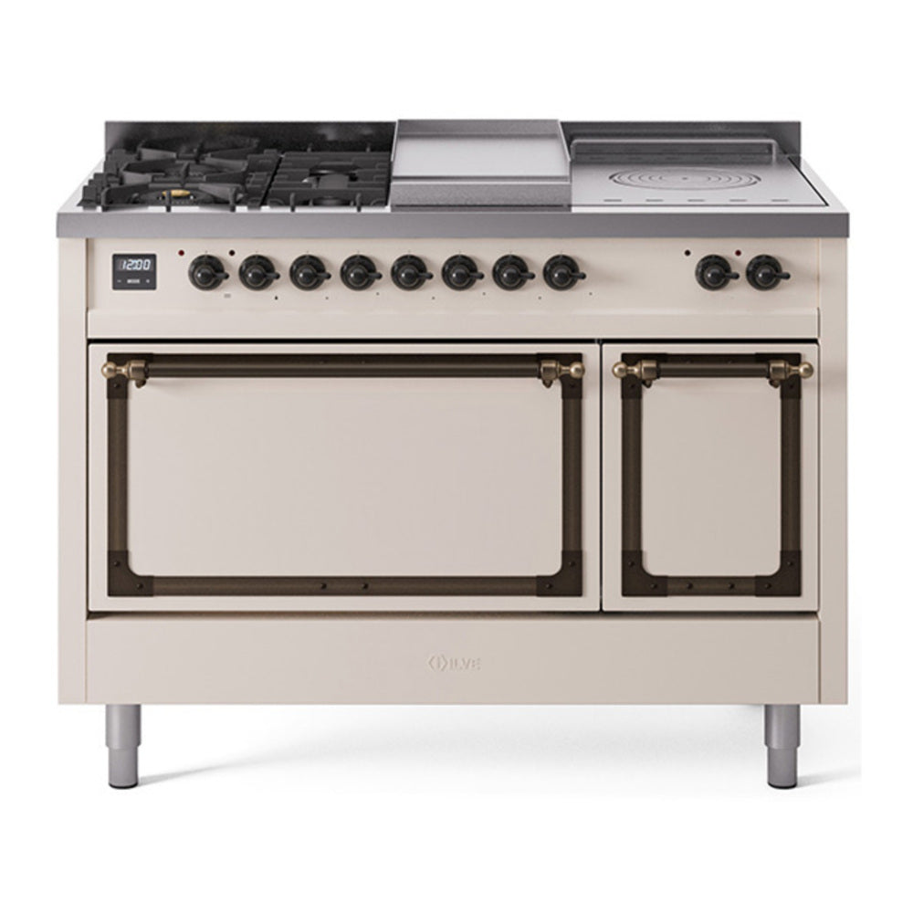 ILVE Nostalgie II Noblesse 48" Antique White Dual Fuel Range with 5 Burners, Griddle and French Top Solid Door Natural Gas