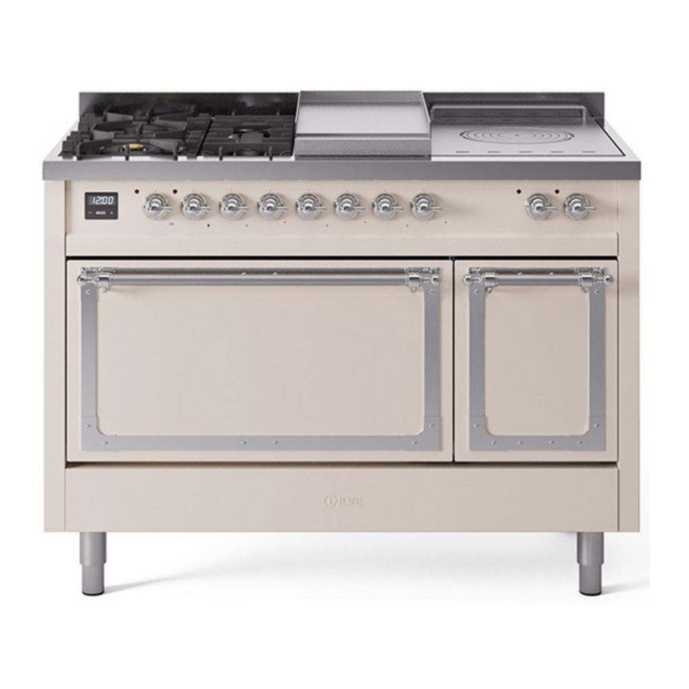 ILVE Nostalgie II Noblesse 48" Antique White Dual Fuel Range with 5 Burners, Griddle and French Top Solid Door Natural Gas