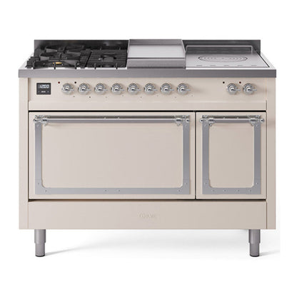 ILVE Nostalgie II Noblesse 48" Antique White Dual Fuel Range with 5 Burners, Griddle and French Top Solid Door Natural Gas