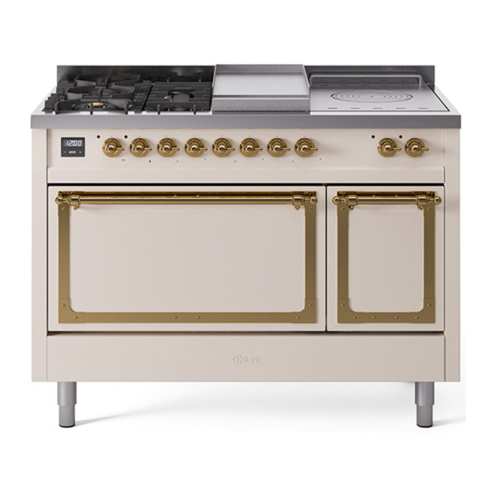 ILVE Nostalgie II Noblesse 48" Antique White Dual Fuel Range with 5 Burners, Griddle and French Top Solid Door Natural Gas