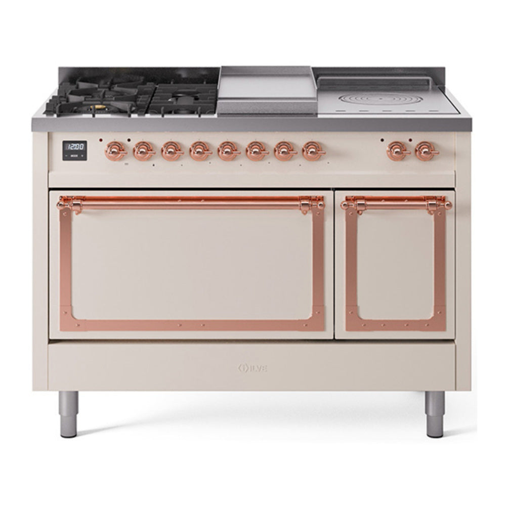 ILVE Nostalgie II Noblesse 48" Antique White Dual Fuel Range with 5 Burners, Griddle and French Top Solid Door Natural Gas