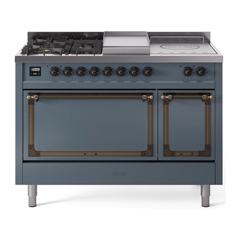 ILVE Nostalgie II Noblesse 48" Blue Grey Dual Fuel Range with 5 Burners, Griddle and French Top Solid Door Natural Gas