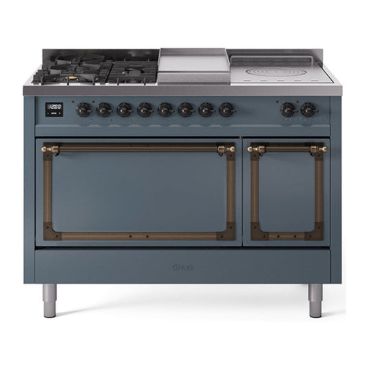 ILVE Nostalgie II Noblesse 48" Blue Grey Dual Fuel Range with 5 Burners, Griddle and French Top Solid Door Natural Gas