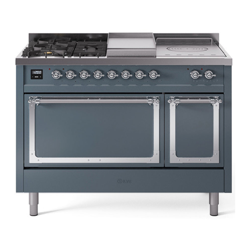 ILVE Nostalgie II Noblesse 48" Blue Grey Dual Fuel Range with 5 Burners, Griddle and French Top Solid Door Natural Gas