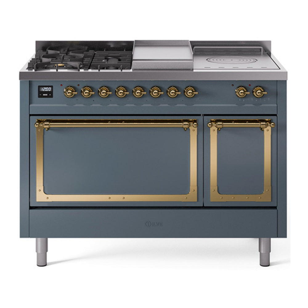 ILVE Nostalgie II Noblesse 48" Blue Grey Dual Fuel Range with 5 Burners, Griddle and French Top Solid Door Natural Gas