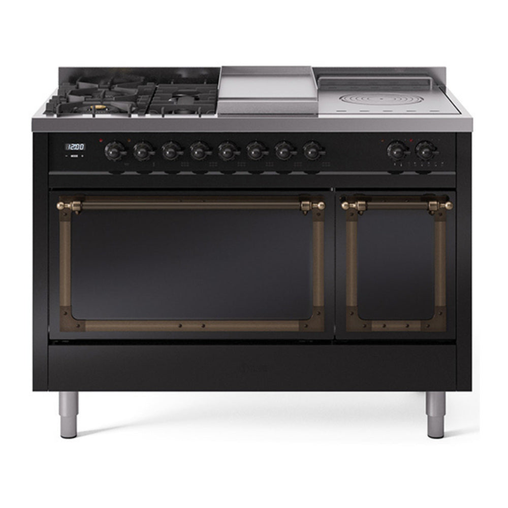 ILVE Nostalgie II Noblesse 48" Glossy Black Dual Fuel Range with 5 Burners, Griddle and French Top Solid Door Liquid Propane