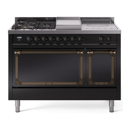 ILVE Nostalgie II Noblesse 48" Glossy Black Dual Fuel Range with 5 Burners, Griddle and French Top Solid Door Liquid Propane