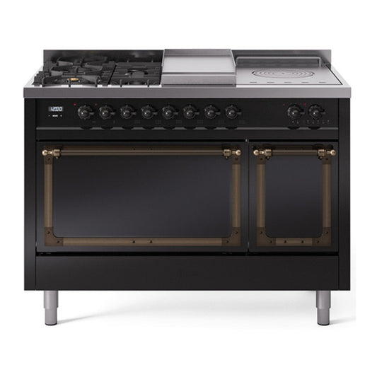 ILVE Nostalgie II Noblesse 48" Glossy Black Dual Fuel Range with 5 Burners, Griddle and French Top Solid Door Natural Gas