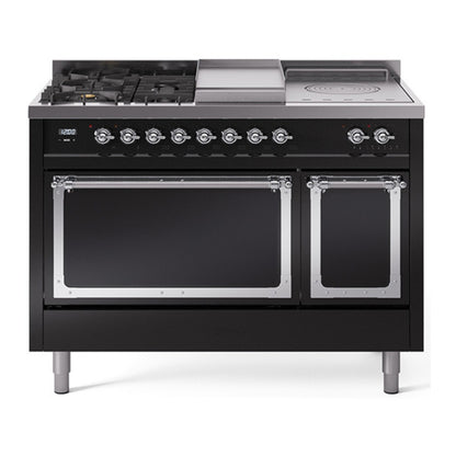 ILVE Nostalgie II Noblesse 48" Glossy Black Dual Fuel Range with 5 Burners, Griddle and French Top Solid Door Liquid Propane