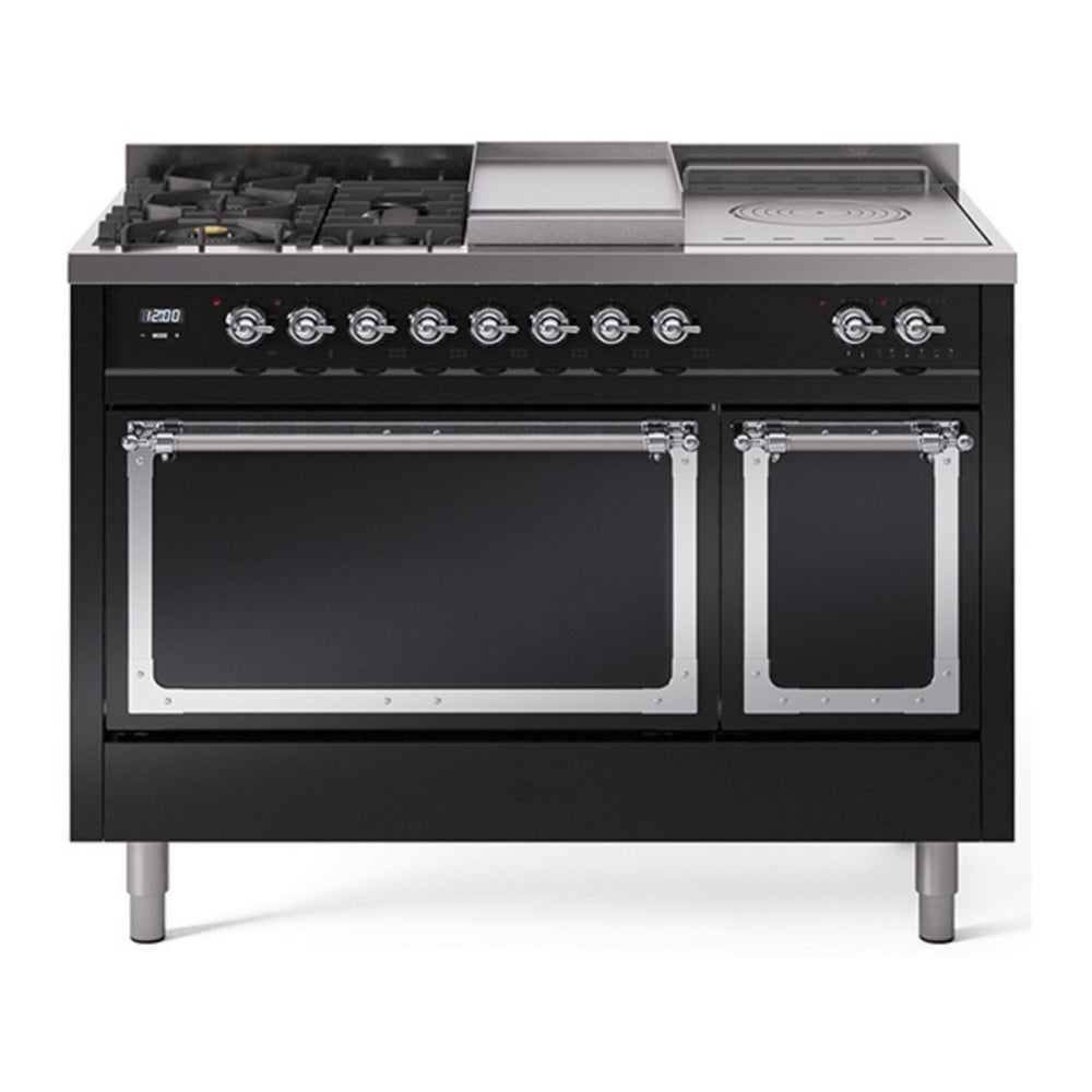 ILVE Nostalgie II Noblesse 48" Glossy Black Dual Fuel Range with 5 Burners, Griddle and French Top Solid Door Natural Gas