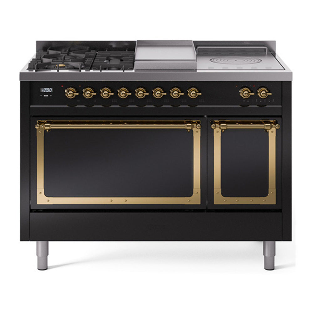 ILVE Nostalgie II Noblesse 48" Glossy Black Dual Fuel Range with 5 Burners, Griddle and French Top Solid Door Natural Gas