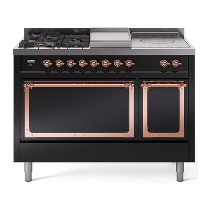 ILVE Nostalgie II Noblesse 48" Glossy Black Dual Fuel Range with 5 Burners, Griddle and French Top Solid Door Liquid Propane