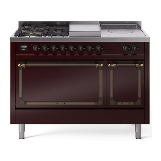 ILVE Nostalgie II Noblesse 48" Burgundy Dual Fuel Range with 5 Burners, Griddle and French Top Solid Door Natural Gas