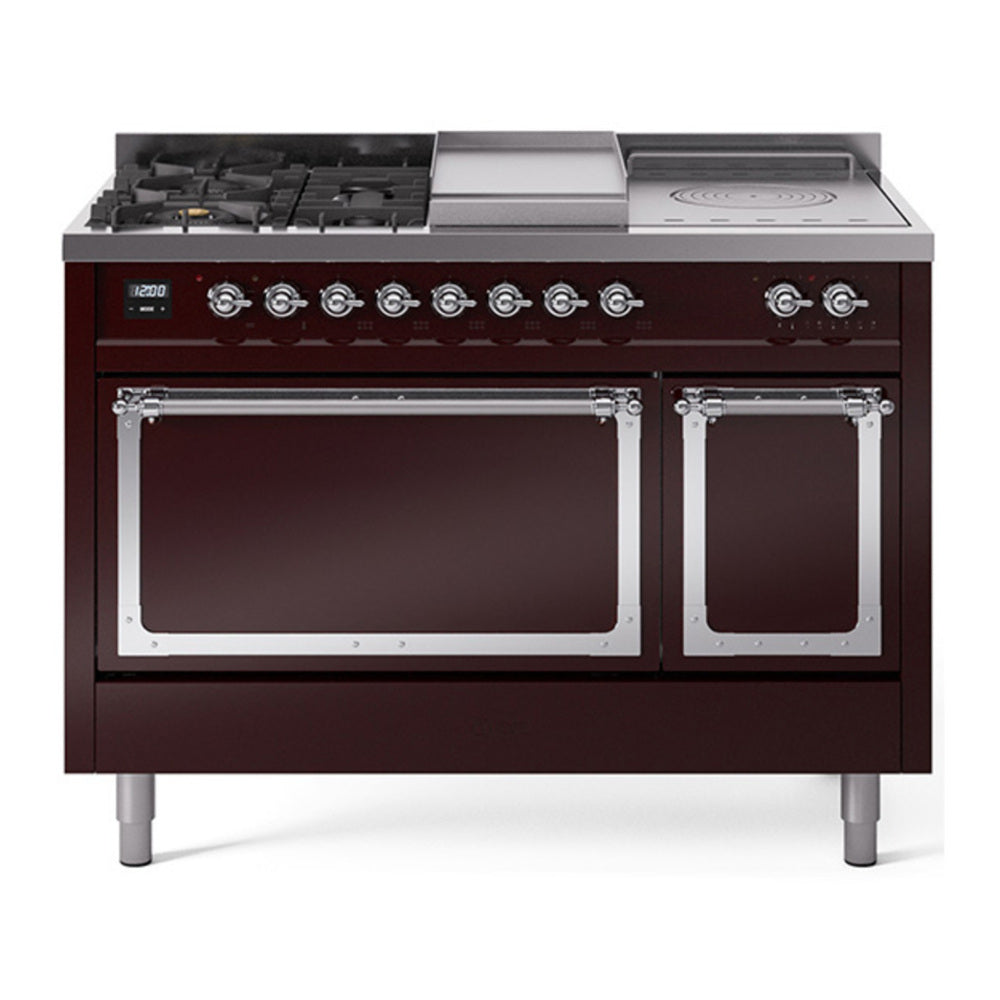 ILVE Nostalgie II Noblesse 48" Burgundy Dual Fuel Range with 5 Burners, Griddle and French Top Solid Door Natural Gas