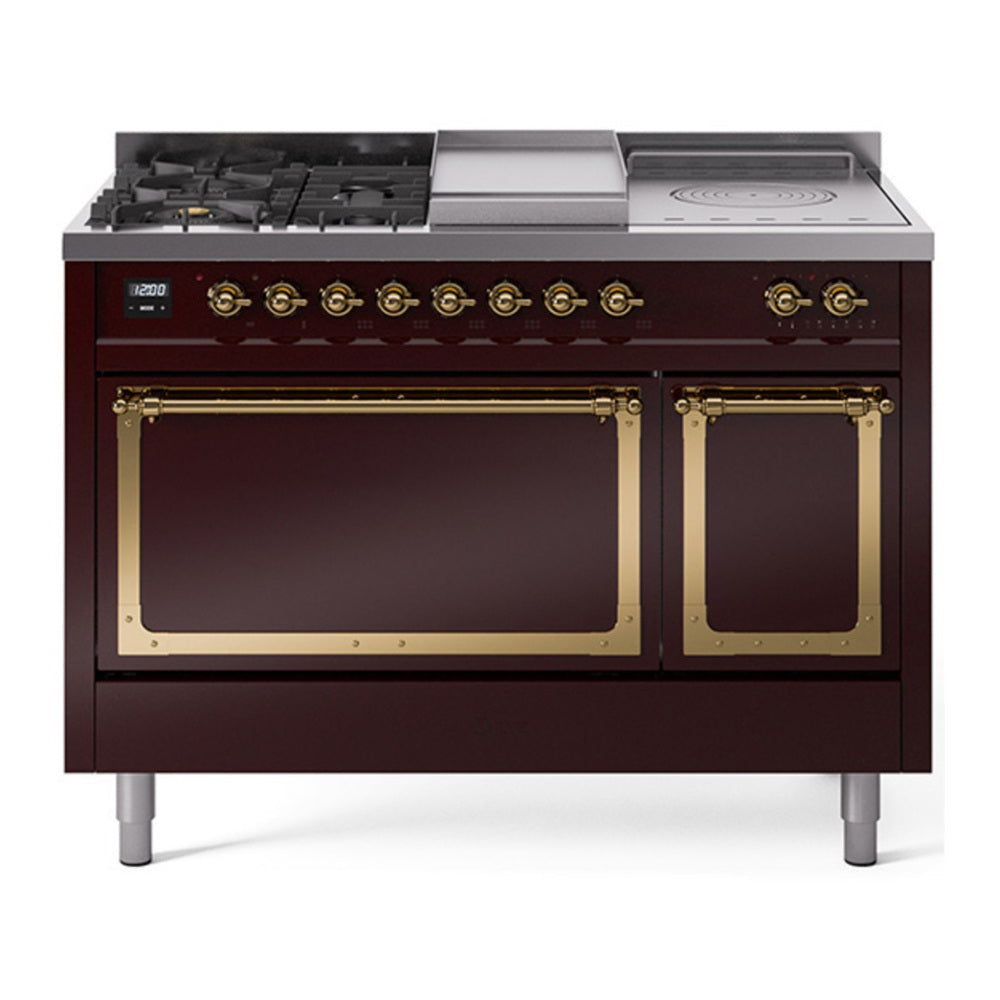 ILVE Nostalgie II Noblesse 48" Burgundy Dual Fuel Range with 5 Burners, Griddle and French Top Solid Door Natural Gas