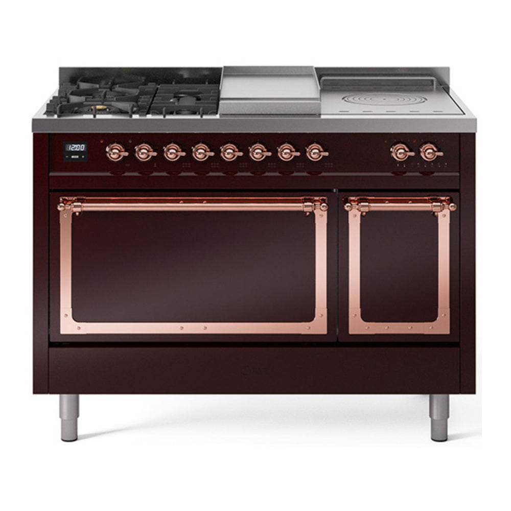 ILVE Nostalgie II Noblesse 48" Burgundy Dual Fuel Range with 5 Burners, Griddle and French Top Solid Door Natural Gas