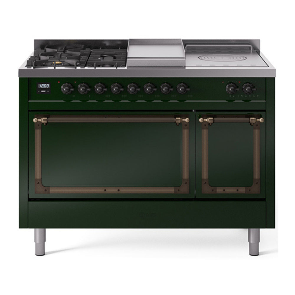 ILVE Nostalgie II Noblesse 48" Emerald Green Dual Fuel Range with 5 Burners, Griddle and French Top Solid Door Natural Gas