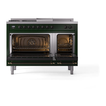 ILVE Nostalgie II Noblesse 48" Emerald Green Dual Fuel Range with 5 Burners, Griddle and French Top Solid Door Natural Gas