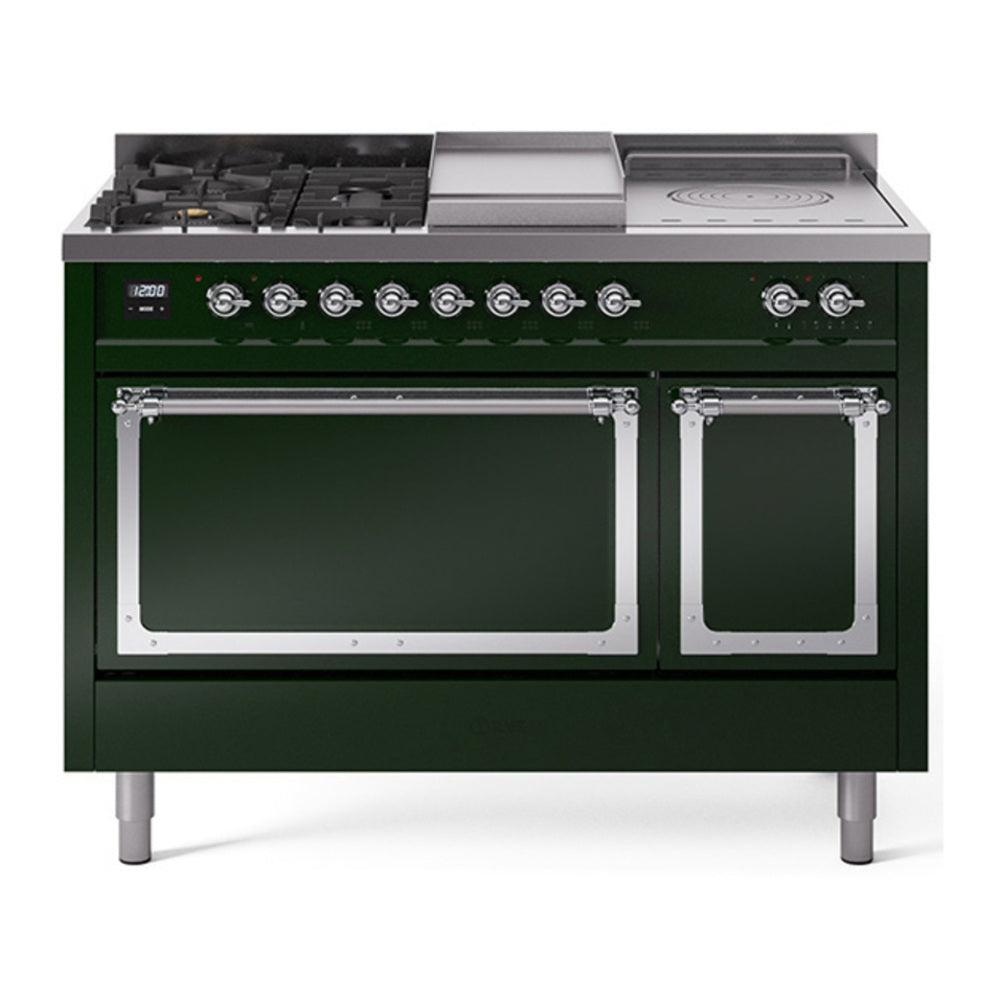 ILVE Nostalgie II Noblesse 48" Emerald Green Dual Fuel Range with 5 Burners, Griddle and French Top Solid Door Natural Gas