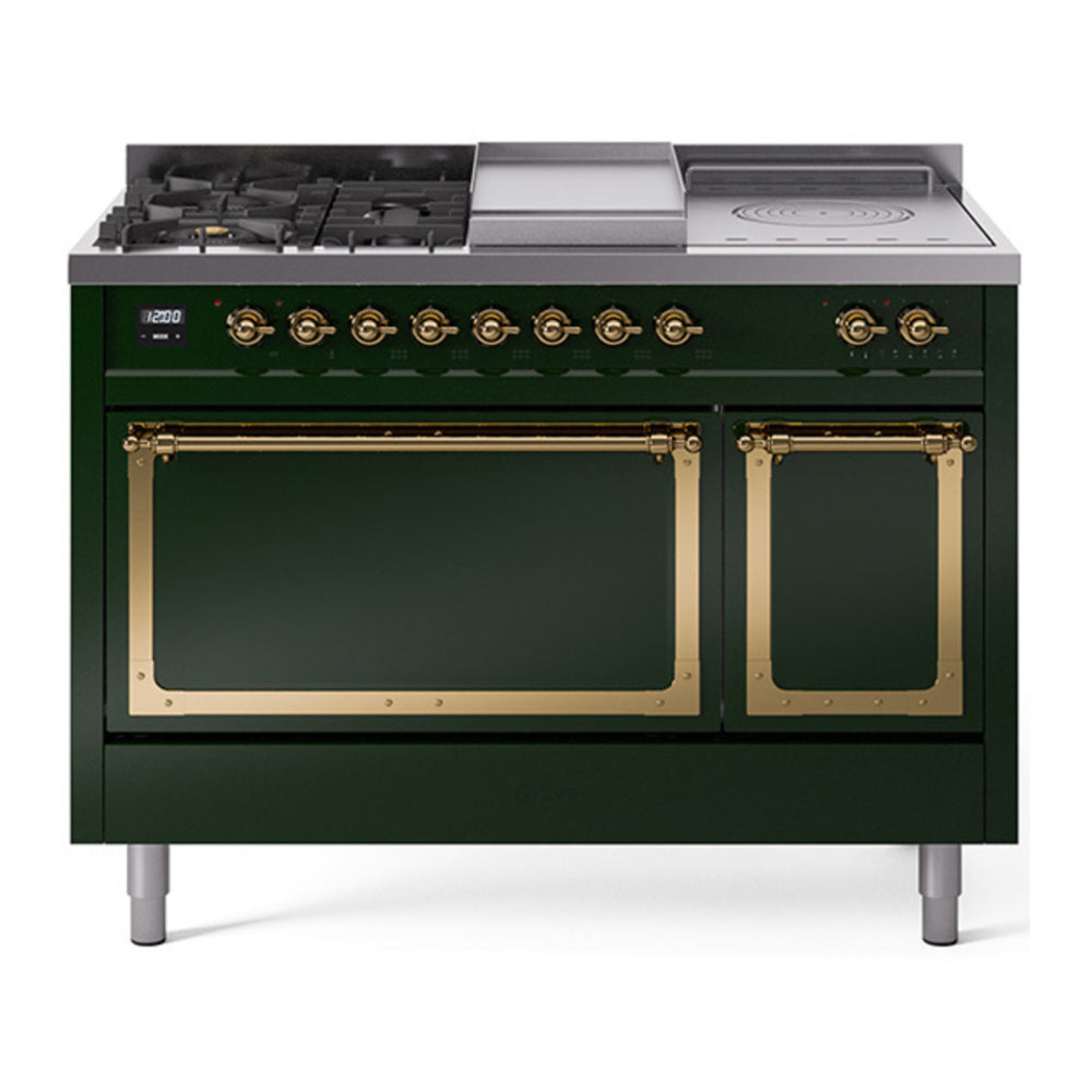 ILVE Nostalgie II Noblesse 48" Emerald Green Dual Fuel Range with 5 Burners, Griddle and French Top Solid Door Natural Gas