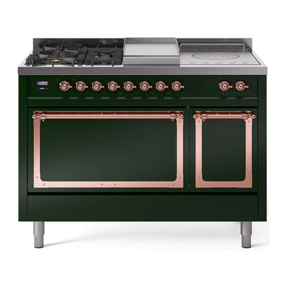 ILVE Nostalgie II Noblesse 48" Emerald Green Dual Fuel Range with 5 Burners, Griddle and French Top Solid Door Natural Gas