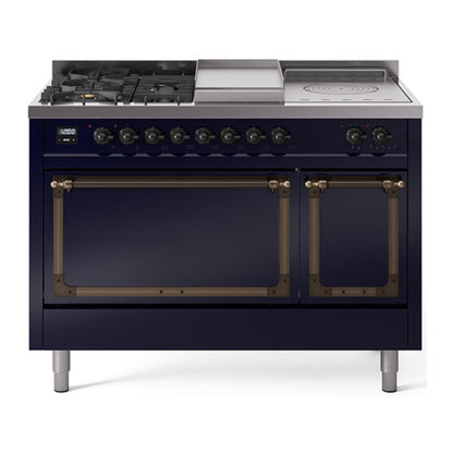 ILVE Nostalgie II Noblesse 48" Midnight Blue Dual Fuel Range with 5 Burners, Griddle and French Top Solid Door Liquid Propane