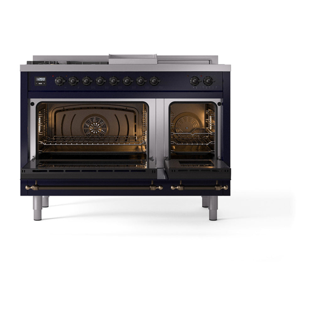 ILVE Nostalgie II Noblesse 48" Midnight Blue Dual Fuel Range with 5 Burners, Griddle and French Top Solid Door Liquid Propane