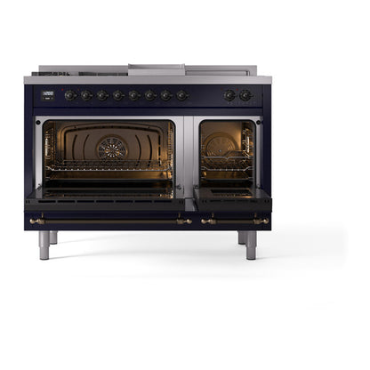 ILVE Nostalgie II Noblesse 48" Midnight Blue Dual Fuel Range with 5 Burners, Griddle and French Top Solid Door Liquid Propane