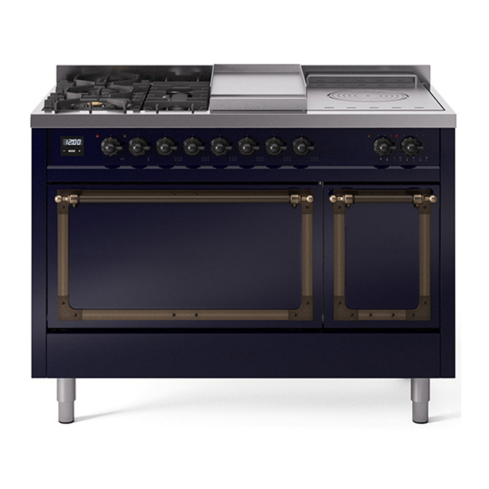 ILVE Nostalgie II Noblesse 48" Midnight Blue Dual Fuel Range with 5 Burners, Griddle and French Top Solid Door Natural Gas
