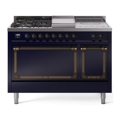 ILVE Nostalgie II Noblesse 48" Midnight Blue Dual Fuel Range with 5 Burners, Griddle and French Top Solid Door Natural Gas