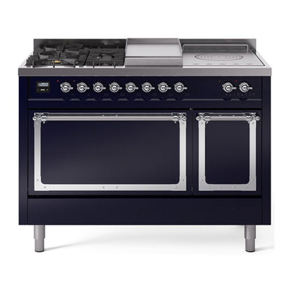 ILVE Nostalgie II Noblesse 48" Midnight Blue Dual Fuel Range with 5 Burners, Griddle and French Top Solid Door Liquid Propane