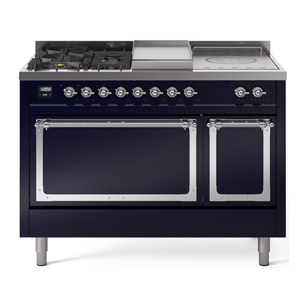ILVE Nostalgie II Noblesse 48" Midnight Blue Dual Fuel Range with 5 Burners, Griddle and French Top Solid Door Natural Gas