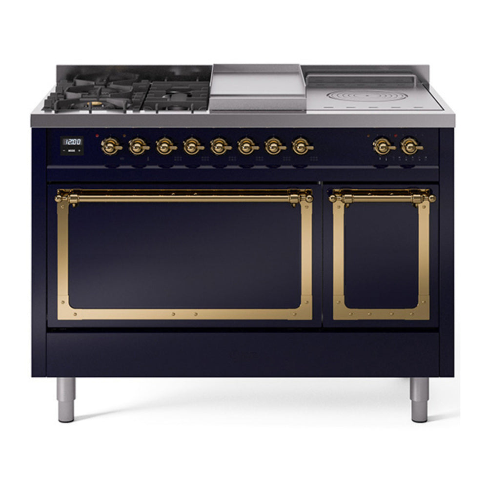 ILVE Nostalgie II Noblesse 48" Midnight Blue Dual Fuel Range with 5 Burners, Griddle and French Top Solid Door Liquid Propane