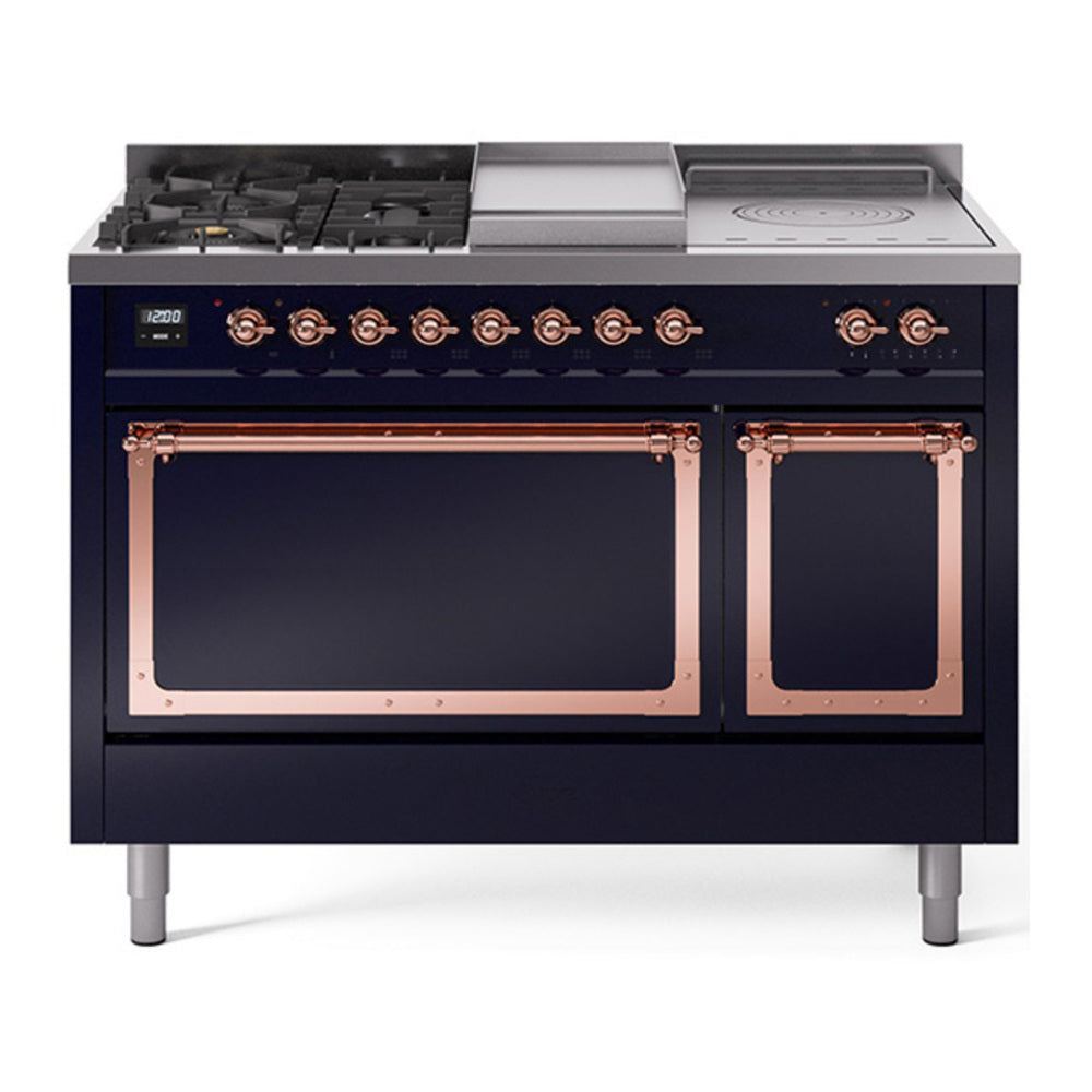 ILVE Nostalgie II Noblesse 48" Midnight Blue Dual Fuel Range with 5 Burners, Griddle and French Top Solid Door Natural Gas