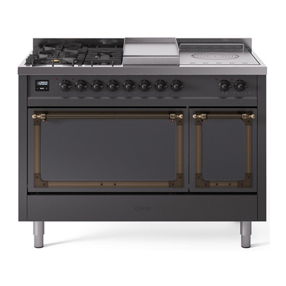 ILVE Nostalgie II Noblesse 48" Graphite Matte Dual Fuel Range with 5 Burners, Griddle and French Top Solid Door Natural Gas