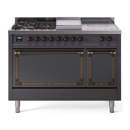 ILVE Nostalgie II Noblesse 48" Graphite Matte Dual Fuel Range with 5 Burners, Griddle and French Top Solid Door Natural Gas