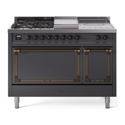 ILVE Nostalgie II Noblesse 48" Graphite Matte Dual Fuel Range with 5 Burners, Griddle and French Top Solid Door Natural Gas