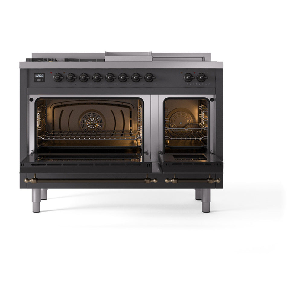 ILVE Nostalgie II Noblesse 48" Graphite Matte Dual Fuel Range with 5 Burners, Griddle and French Top Solid Door Natural Gas