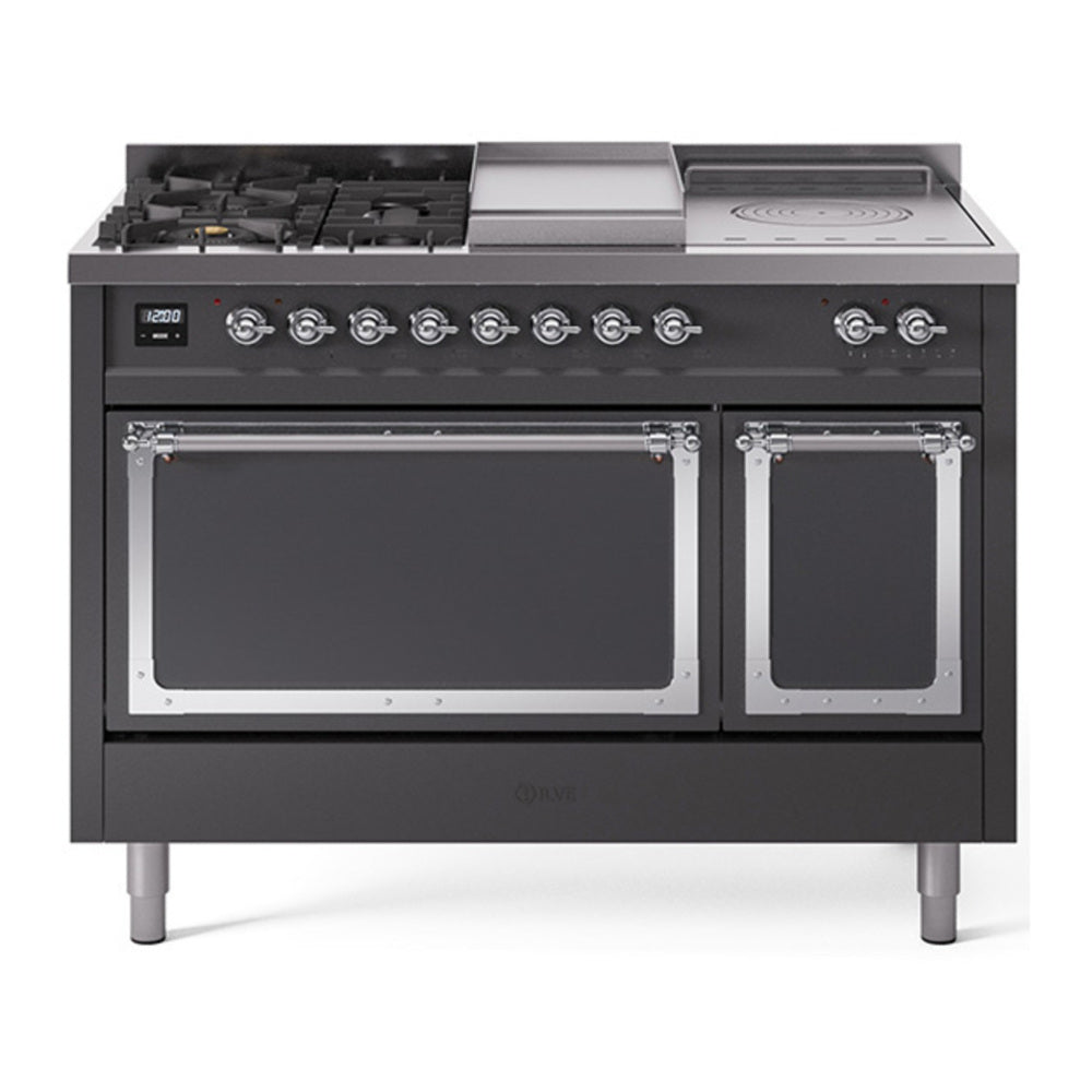 ILVE Nostalgie II Noblesse 48" Graphite Matte Dual Fuel Range with 5 Burners, Griddle and French Top Solid Door Natural Gas